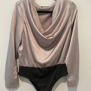 Satin Warm Grey Cowl Neck Bodysuit Blouse